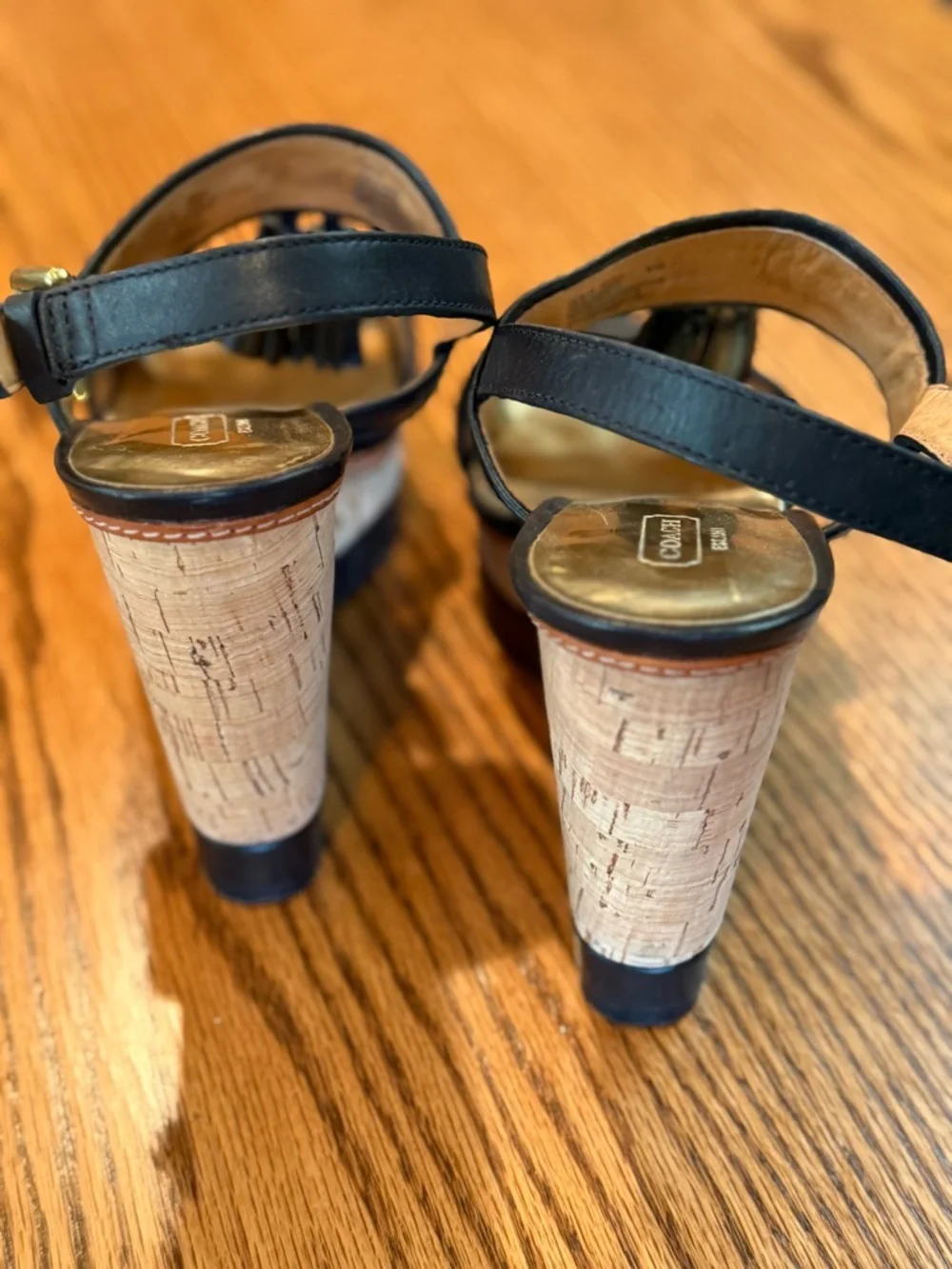 Coach Black Leather Tassel Ankle-Strap Wedges - Picture 4 of 6